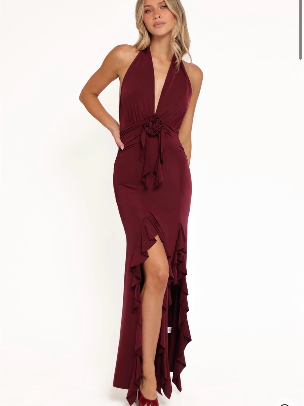 Petal & Pup One-Shoulder Deep Wine Halter Gown